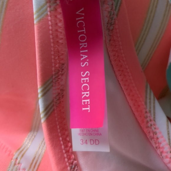VICTORIA'S SECRET  Pink Green& White Gorgeous Bikini Top Size 34DD. - Picture 11 of 12